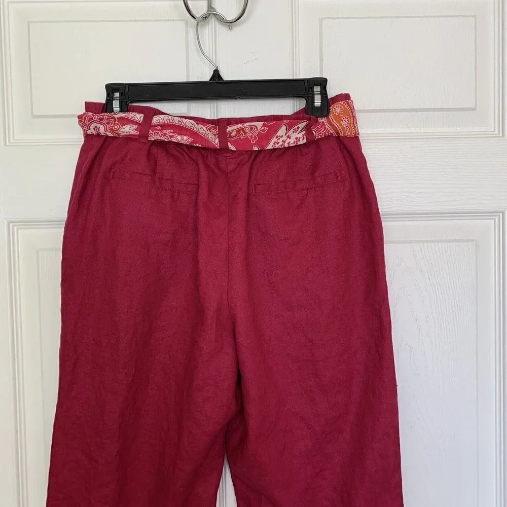 Liz Claiborne Audra Size 8 Wine Color 100% Linen Wide Leg Cropped Belt